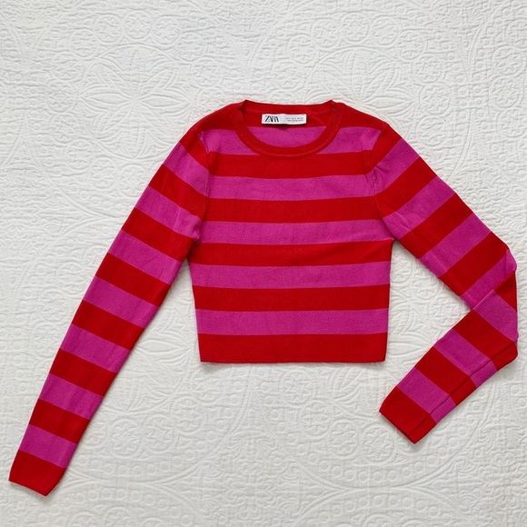 Zara Viral Ribbed Knit Cropped Sweater, Pink / Red‎ Striped - Picture 2 of 6
